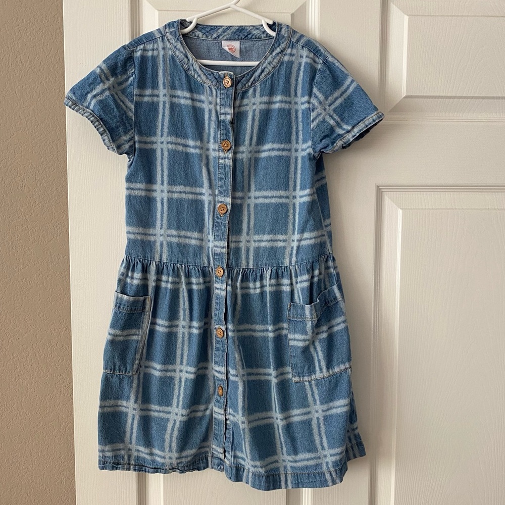 Wonder Nation Cotton Chambray Dress in Blue and White w Brown Wood Button Detail